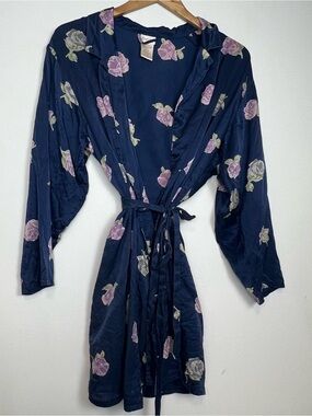 ✨ Vintage Silk & Satin 100% Pure Silk Floral Kimono Robe Navy Blue small/medium